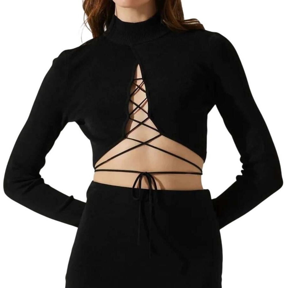 ASTR The Label Black Long Sleeve Lace Up Mock Neck Crop Sweater NWT - Picture 1 of 9